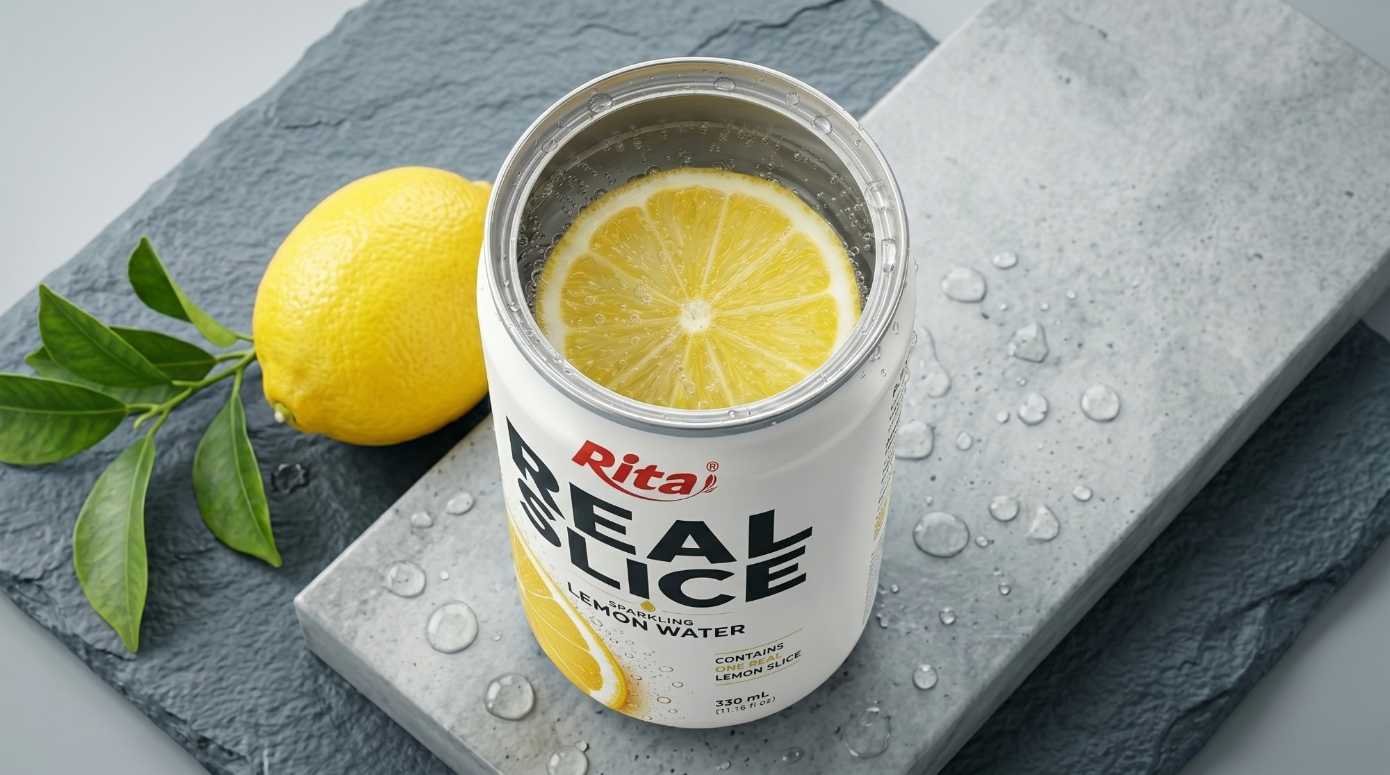 Real Lemon Slice Inside Sparkling Water 325ml Slim Cans– Refreshing Beverage Poster 2