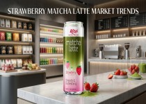 草莓味抹茶拿铁产品展示图，融合草莓、抹茶与奶香元素，呈现时尚即饮饮品包装设计。
