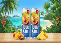 100%天然混合果汁饮料纤体罐产品展示图，呈现多种水果元素与时尚细长罐包装设计，突出天然健康饮品特色。