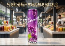 气泡红葡萄汁饮料产品展示图，呈现红葡萄、丰富气泡与现代饮品包装设计，突出天然果汁与清爽口感。
