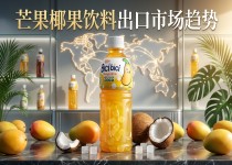 芒果椰果饮料产品展示图，呈现成熟芒果、爽滑椰果颗粒与现代饮品包装设计，突出热带水果饮品特色。