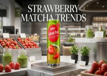 草莓味抹茶饮料产品展示图，融合鲜甜草莓、优质抹茶与现代即饮包装设计，突出创新亚洲风味饮品特色。