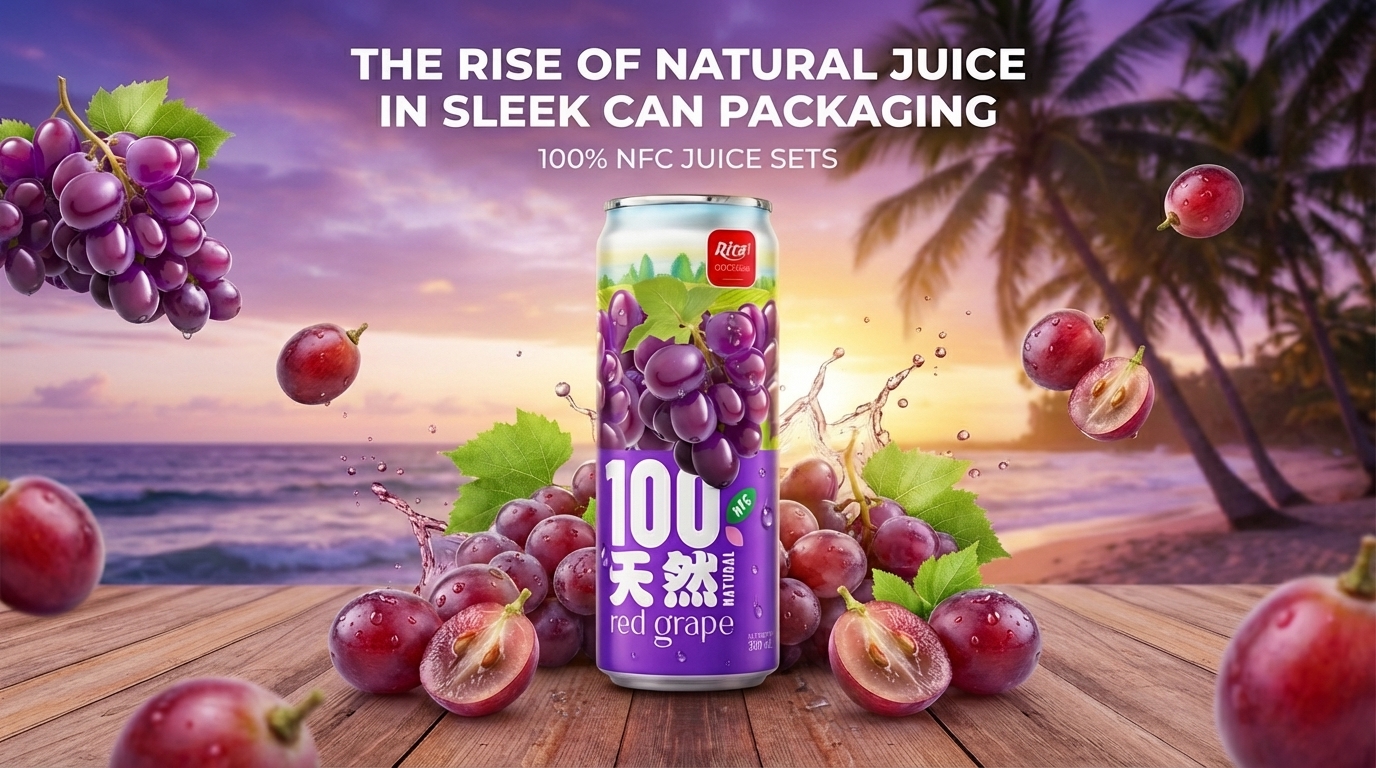 天然果汁细长罐产品展示图,采用现代纤体罐包装设计,搭配丰富水果元素,突出高端便捷饮品特色。