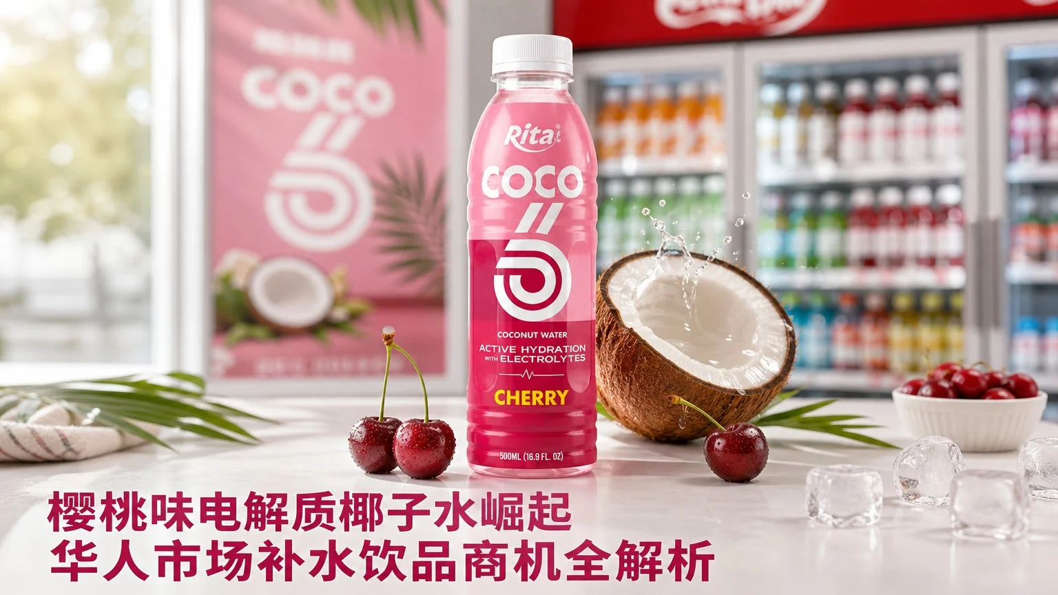 樱桃味电解质椰子水产品展示,突出樱桃风味、电解质补水及华人市场饮品需求