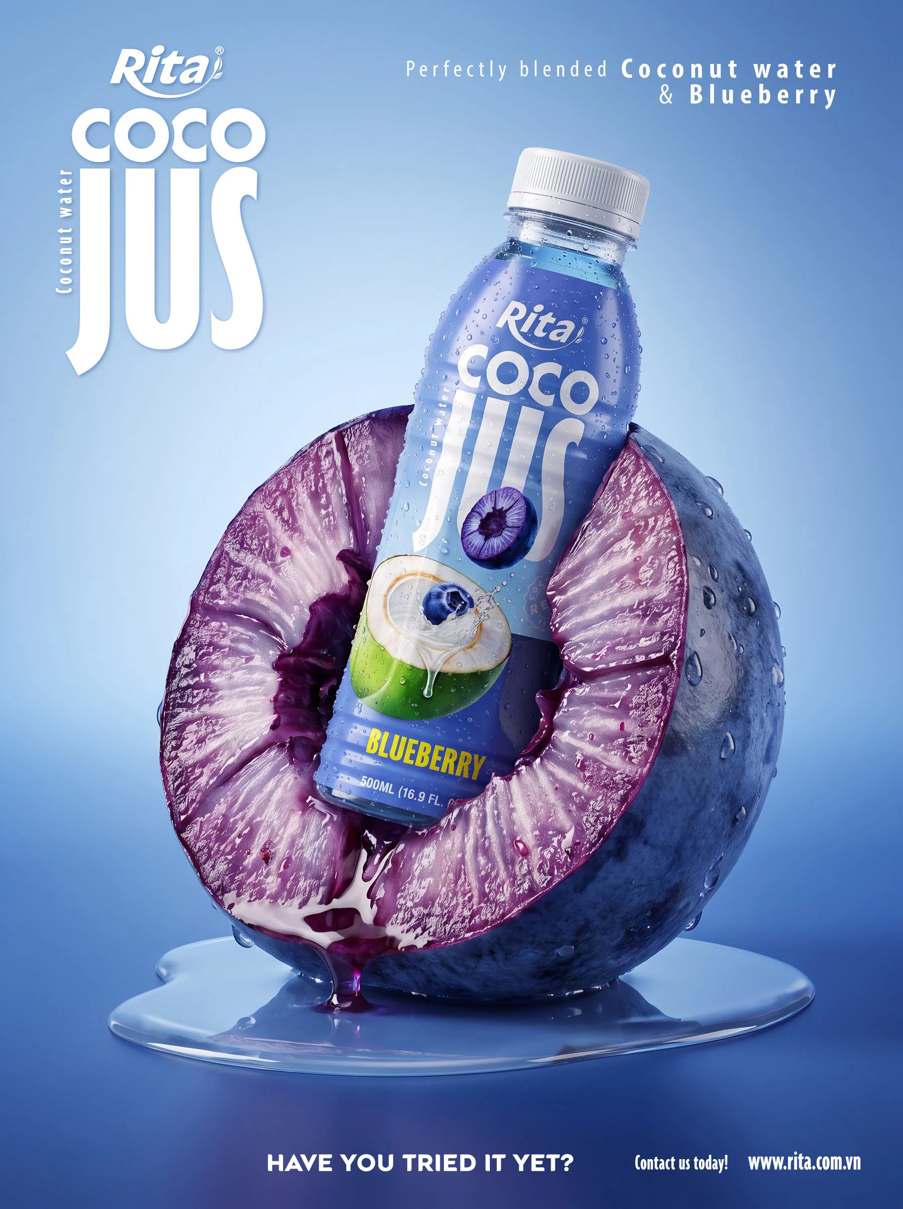 COCO JUS Real Coconut Water with Blueberry Juice 500ml (16.9 fl oz) Poster 1