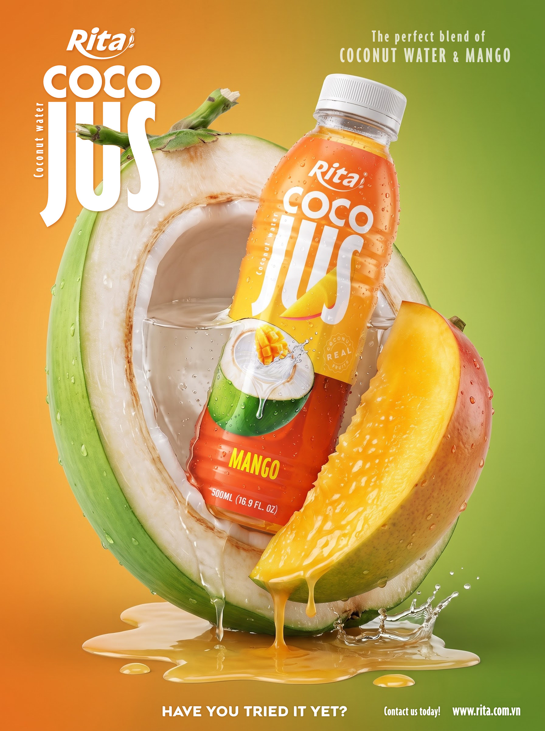 COCO JUS Real Coconut Water with Mango Juice 500ml (16.9 fl oz) Poster 1