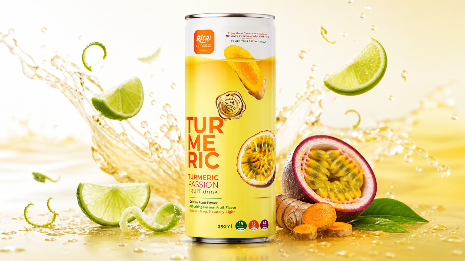 RITA Less Sugar Turmeric Passion Fruit Drink 250ml Slim Can Poster 2