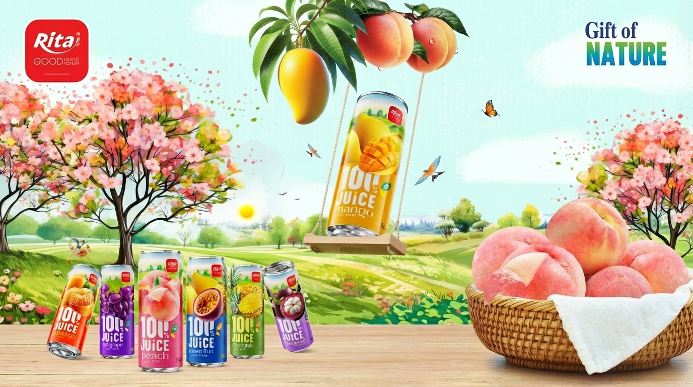 高端天然果汁罐装饮品展示图，呈现精致包装设计与丰富水果元素，突出高品质健康饮品形象。