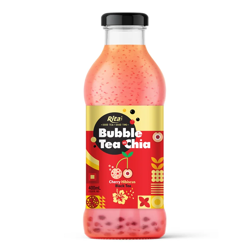 Bubble Tea with Chia seed and cherry hibiscus black tea 400ml glass bottle