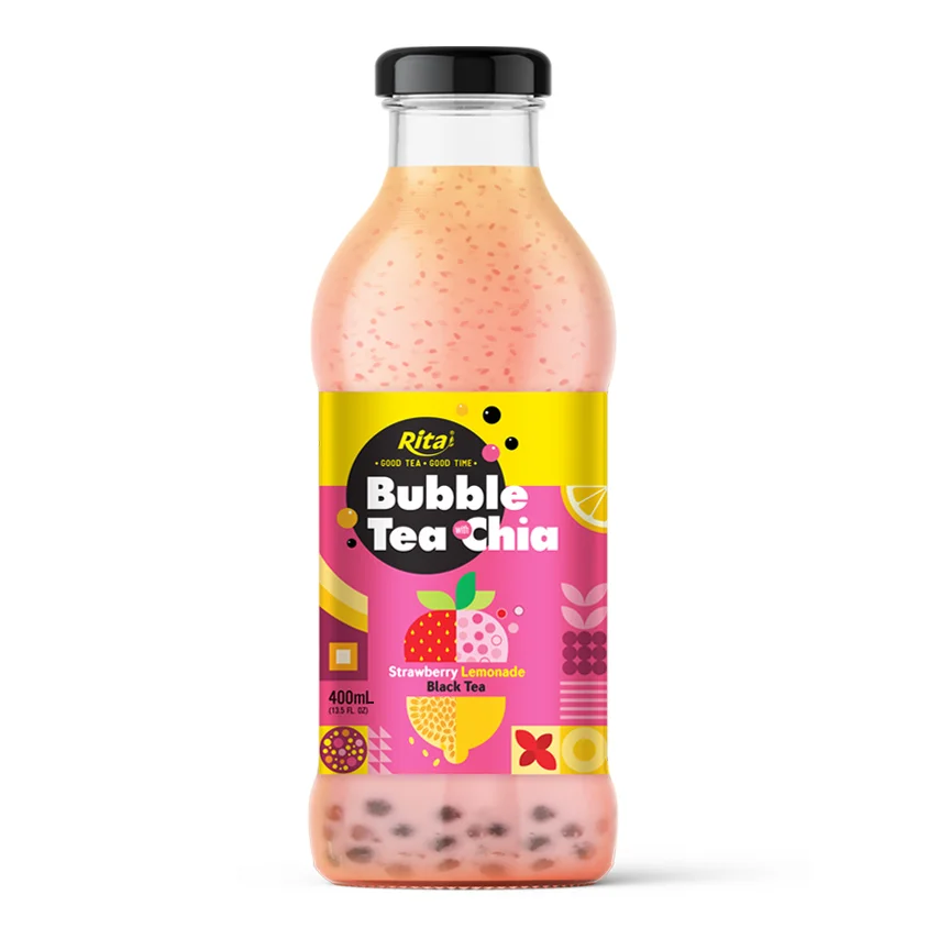 Bubble Tea with Chia seed and cherry hibiscus black tea 400ml glass bottle