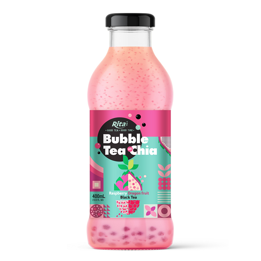 Bubble Tea with Chia seed raspberry dragon fruit black tea 400ml glass bottle