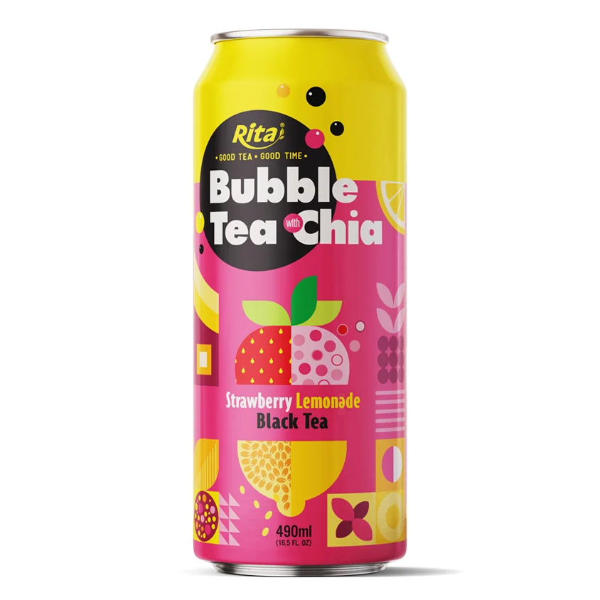 Bubble Tea with Chia seed and cherry hibiscus black tea 400ml glass bottle