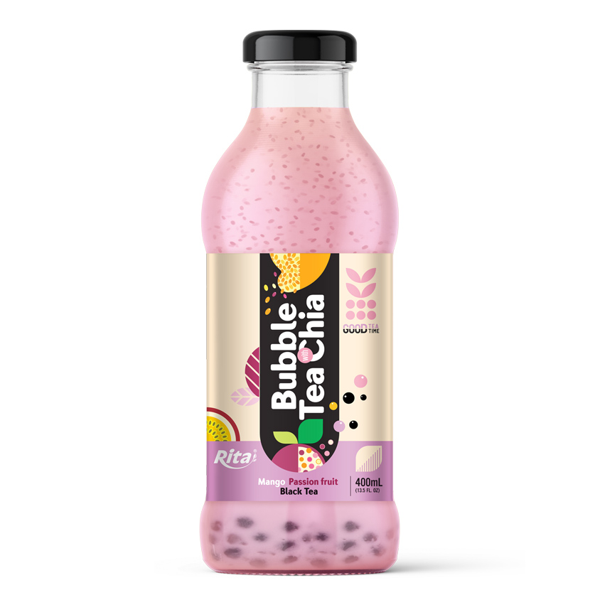 Bubble Tea with Chia seed and cherry hibiscus black tea 400ml glass bottle