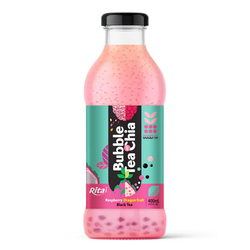 Bubble Tea with Chia seed raspberry dragon fruit black tea 400ml glass bottle