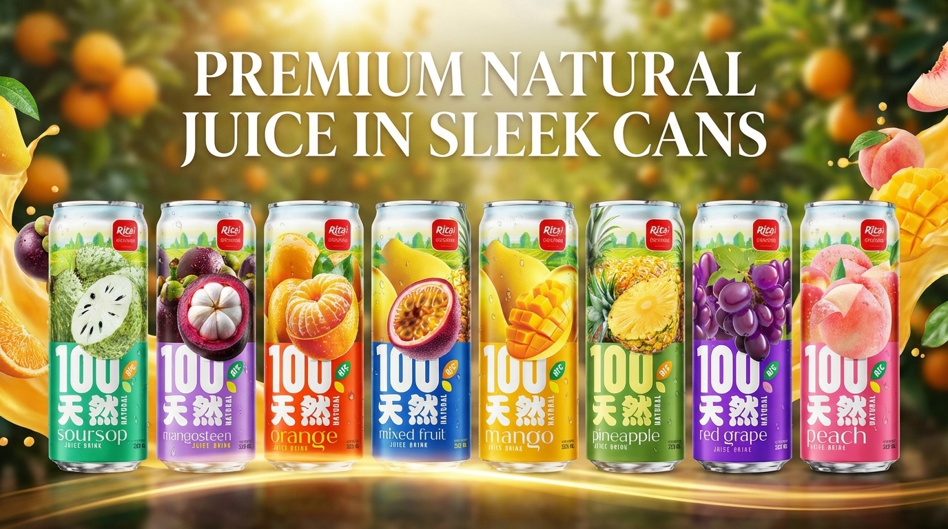 细长罐高端天然果汁产品展示图，呈现时尚纤体罐设计与丰富水果元素，突出高品质健康饮品形象。