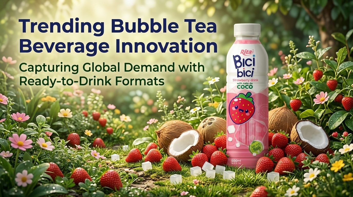 即饮珍珠奶茶产品展示图，呈现奶茶与Q弹珍珠结合的时尚饮品形象，突出便捷与创新特色。