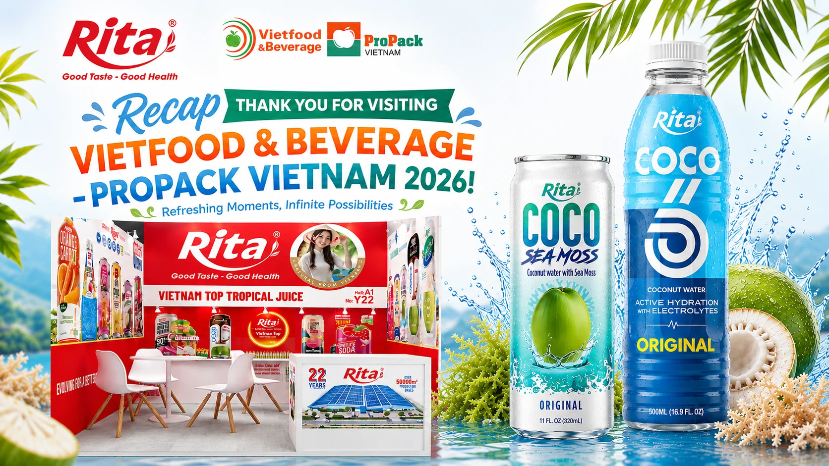 RITA参加VietFood & Beverage 2026展会现场图片，展示RITA饮品产品、品牌展位及与国际客户交流洽谈的场景。