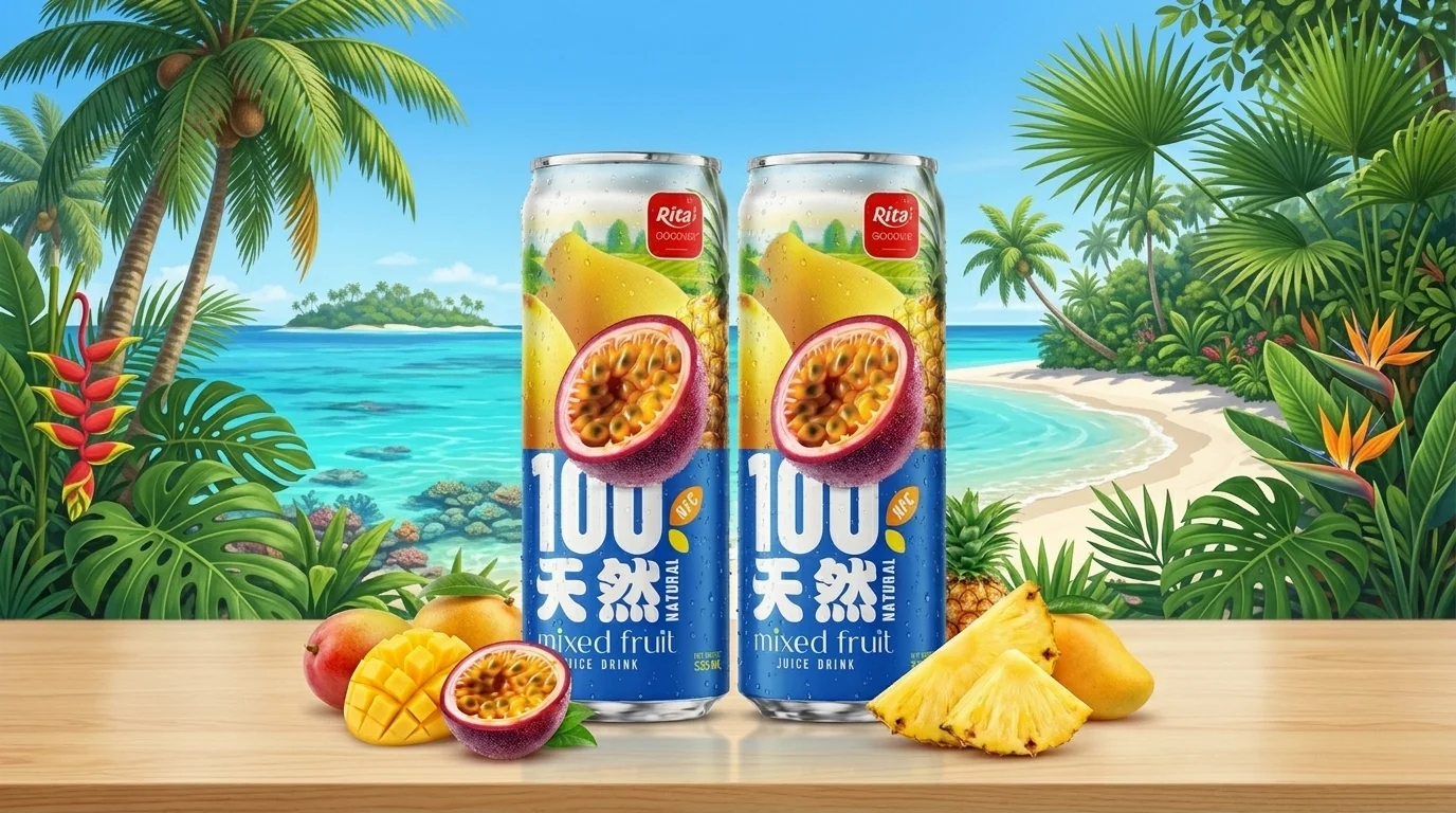 100%天然混合果汁饮料纤体罐产品展示图，呈现多种水果元素与时尚细长罐包装设计，突出天然健康饮品特色。