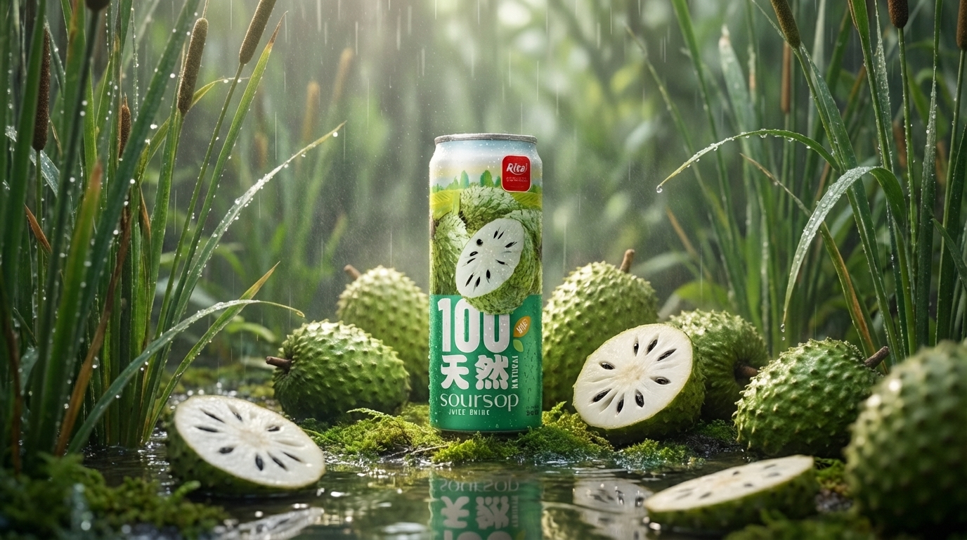 刺果番荔枝汁饮品产品展示图,呈现热带刺果番荔枝果实与现代果汁包装设计,突出天然健康饮品特色。