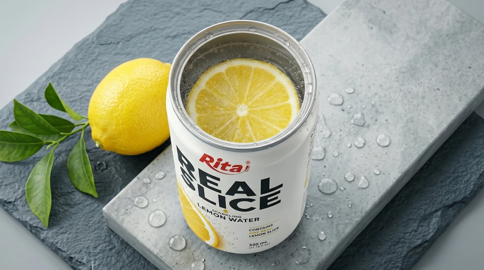 Real Lemon Slice Inside Sparkling Water 325ml Slim Cans– Refreshing Beverage Poster 2