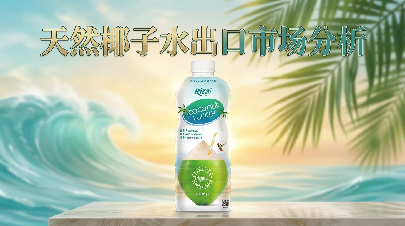 34液量盎司PP瓶装天然椰子水产品展示图，采用大容量PP瓶包装，突出天然椰子水、清爽补水与出口市场特色。