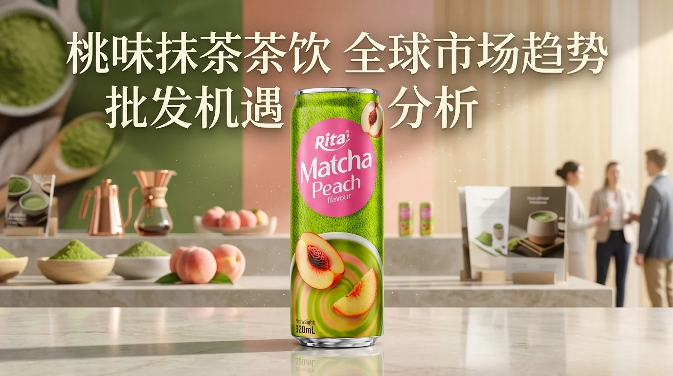桃味抹茶茶饮产品展示图，融合鲜桃、优质抹茶与现代饮品包装设计，展现清新自然的茶饮特色。