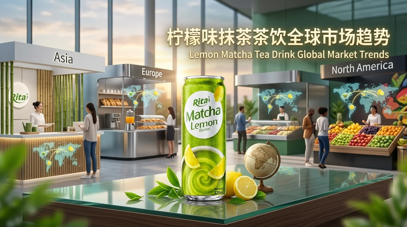 柠檬味抹茶茶饮产品展示图，呈现新鲜柠檬、优质抹茶与现代饮品包装设计，突出清新与健康饮品特色。