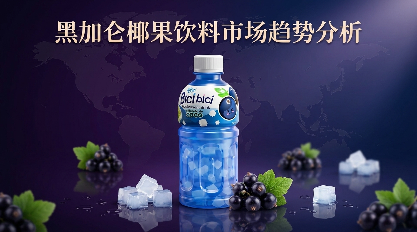 黑加仑味椰果饮料产品展示图，呈现黑加仑浆果、椰果颗粒与现代饮品包装设计，突出果味与口感层次。