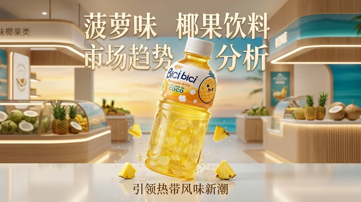 菠萝味椰果饮料产品展示图,呈现热带菠萝、爽滑椰果颗粒与现代饮品包装设计,突出清新热带风味。