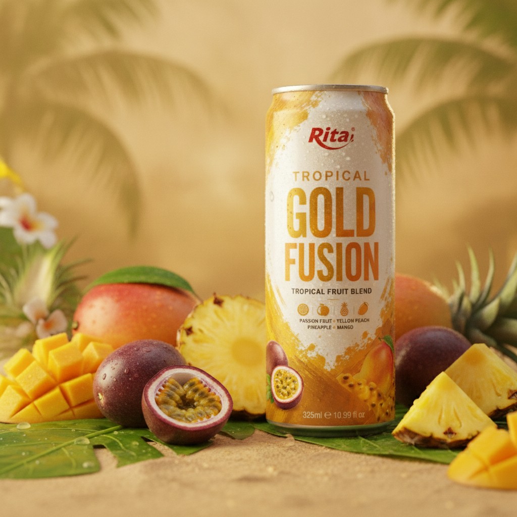 Tropical Gold Fusion fruit blend in 10.99 fl oz (325ml) cans - Premium Beverage