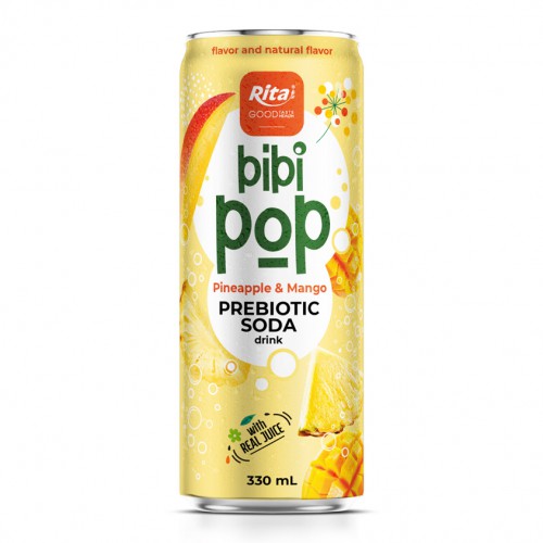 Bibi Pop Prebiotic Soda drink with real pineapple and mango juice 330ml sleek can