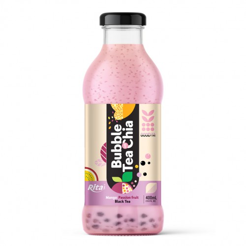 Bubble Tea with Chia seed and mango passion fruit black tea 400ml glass bottle