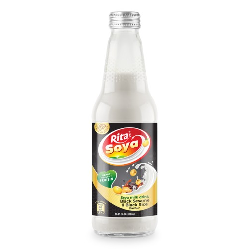 100% 纯素豆奶饮料黑芝麻黑米 10.05 液体盎司玻璃瓶。
